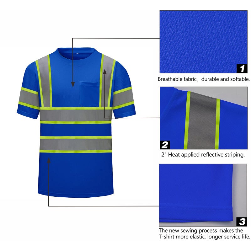 DPSAFETY Hi Vis Safety Long Sleeve Shirts,High Visibility Class 3 T Shirts with Reflective Strips and Pocket, Quick Dry Mesh Construction Work Shirt for Men/Women (Blue,XL) - Image 2